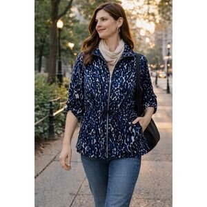 Ruby Rd Blue Abstract Zip Jacket Women's 6 | Drawstring Waist Roll-Tab Sleeves